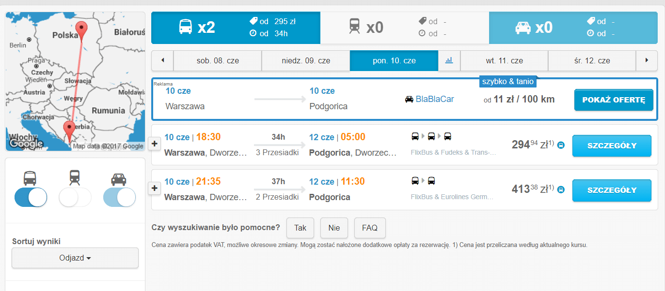 Podróżować autobusem do Czarnogóry